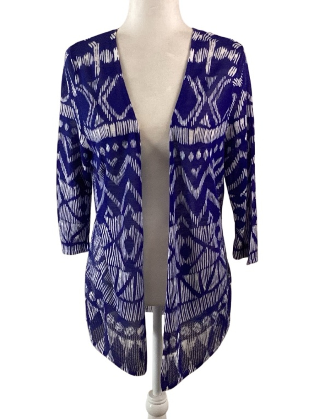 Chico’s Natalie Tribal Diamond Blue Aztec Open-Front Cardigan Large 12